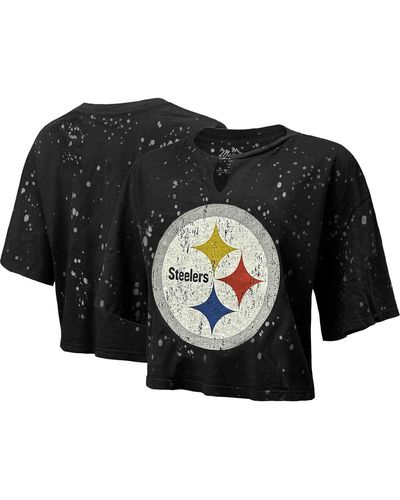 Majestic Threads Distressed Pittsburgh Steelers Bleach Splatter Notch Neck Crop T-shirt - Black