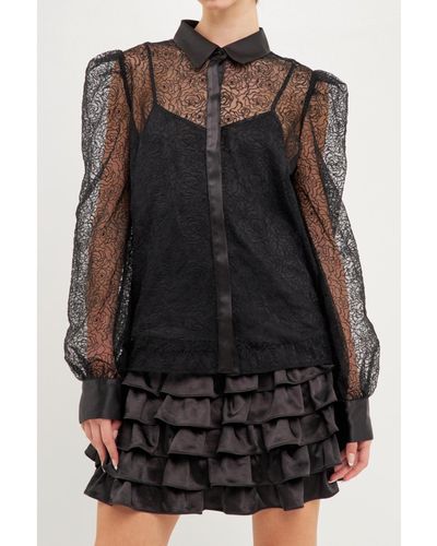 Endless Rose Embroidered Mesh See Through Top - Black