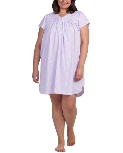 Miss Elaine Plus Size Short-sleeve Embroidered Paisley Nightgown - Purple