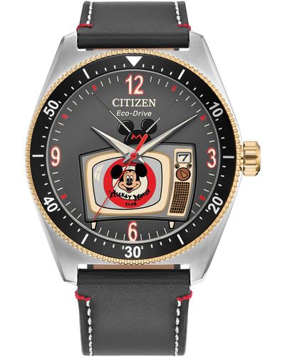 Citizen Eco-drive Mickey Mouse Club Leather Strap Watch 42mm Box Set - Gray