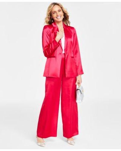 INC International Concepts Satin Notch Collar Blazer Satin High Rise Wide Leg Pants Layering Camisole Top Created For Macys - Red