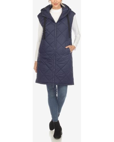 White Mark Diamond Quilted Hooded Long Puffer Vest Jacket - Blue