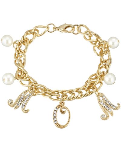 2028 Gold-tone Crystal Imitation Pearl Mom Charm Chain Bracelet - Metallic