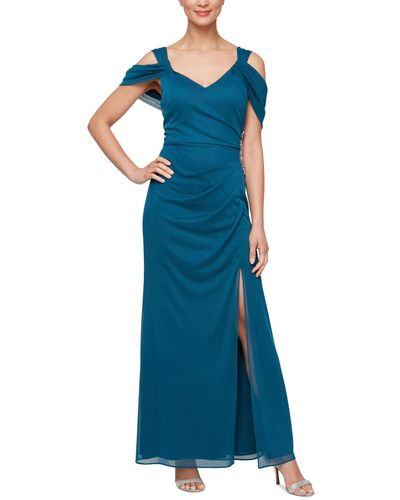 Alex Evenings Embellished Draped Cold Shoulder Gown - Blue