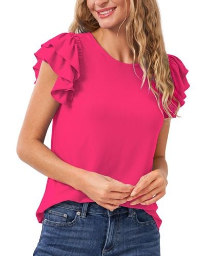 Cece Ruffled Flutter-sleeve Short Sleeve Knit Top - Pink