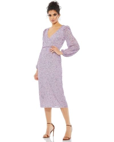 Mac Duggal Sequined Illusion Puff Sleeve V Neck Midi Dress - Purple