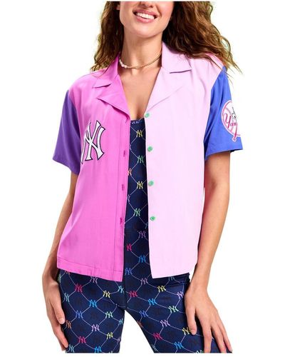 Terez New York Yankees Color Block Button-up Shirt - Purple