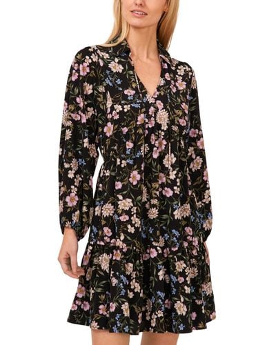 Cece Floral Tie Neck Long Sleeve Baby Doll Tiered Dress - Black