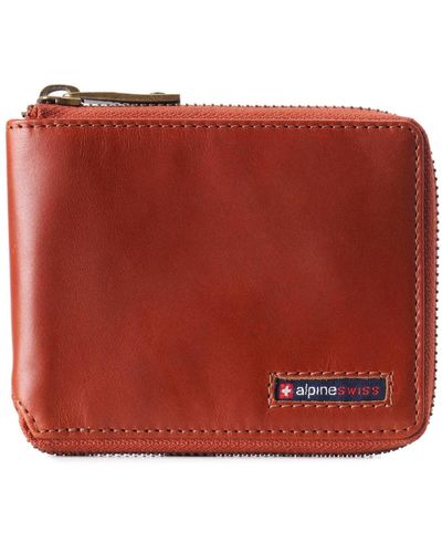 Alpine Swiss Rfid Safe Zipper Wallet Genuine Leather Zip Around Bifold - Red
