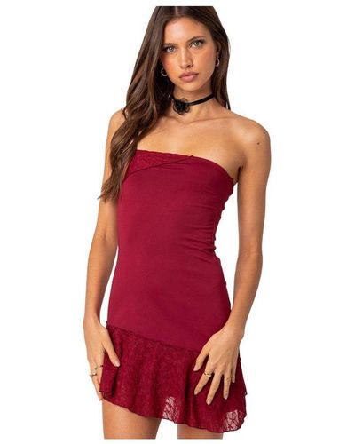 Edikted Lace Patchwork Asymmetric Mini Dress - Red