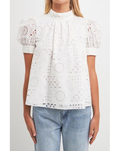 English Factory Broderie Anglaise Puff Sleeve Top - White