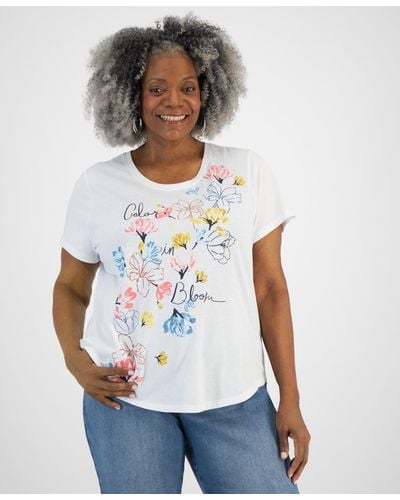 Style & Co. Plus Size Bloom Flower Short-sleeve T-shirt - White