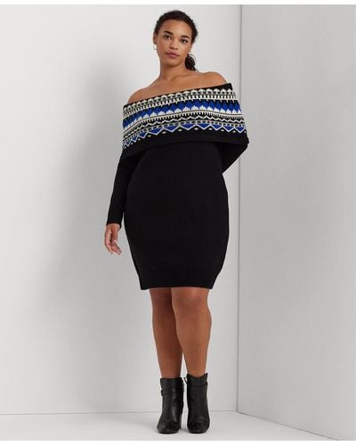 Lauren by Ralph Lauren Plus Size Off-the-shoulder Fair Isle Sweater Dress - Black