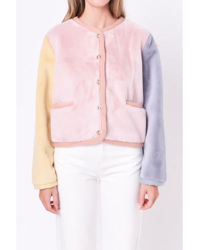 English Factory Color Block Faux Fur Jacket - Pink
