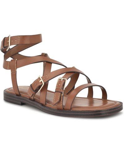 Nine West Rulen Square Toe Strappy Flat Sandals - Brown