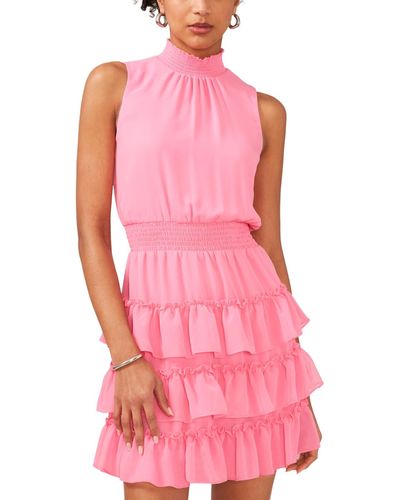 1.STATE Smocked Sleeveless Mock Neck Tiered Mini Dress - Pink