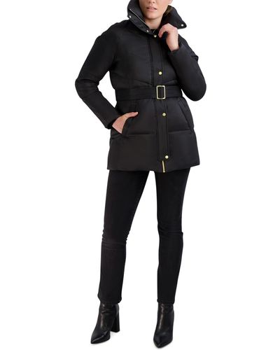 Cole Haan Petite Belted Hooded Puffer Coat - Black
