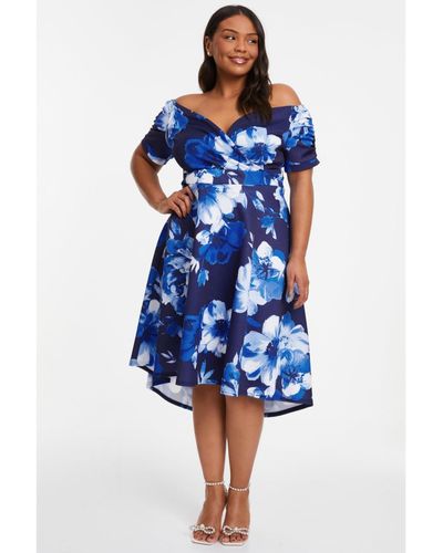 Quiz Plus Size Floral Bardot Ruched Dip Hem Dress - Blue