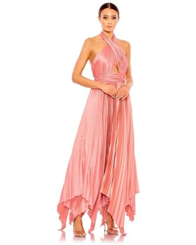 Mac Duggal Pleated Halter Neck Asymmetrical Hem Gown - Pink