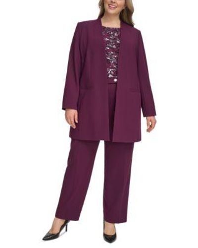 Calvin Klein Plus Size Open Front Rollback Cuff Jacket Printed Pleat Neck Camisole Modern Fit Pants - Purple