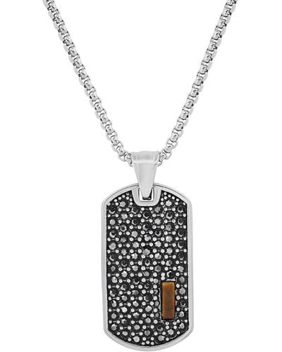 Steeltime Stainless Steel Simulated Diamonds And Tiger Eye Dog Tag Pendant - White