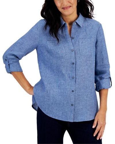 Charter Club Petite 100% Linen Button-front Shirt - Blue