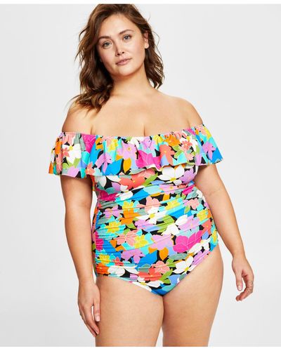Swim Solutions Plus Size Tummy Control Off-the-shoulder Ruffled Swimsuit, Created For Macy's - Blue