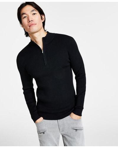 INC International Concepts Regular-fit Ribbed-knit 1/4-zip Mock Neck Sweater - Black