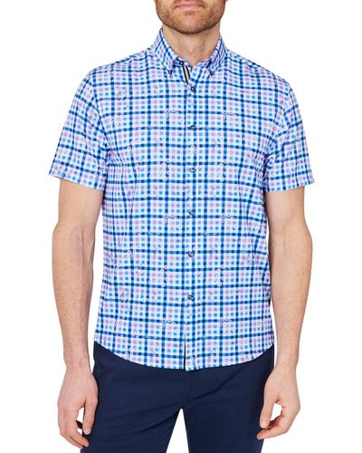 Society of Threads Slim Fit Non-iron Floral Check Print Performance Button-down Shirt - Blue