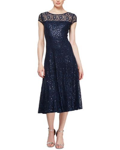 Sl Fashions Petite Sequined Lace Cap-sleeve Dress - Blue