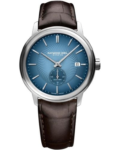 Raymond Weil Swiss Automatic Maestro Small Seconds Black Leather Strap Watch 40mm - Blue