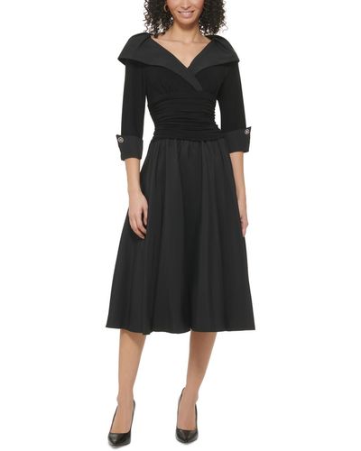 Jessica Howard Petite 3/4-sleeve Portrait-collar Fit & Flare Dress - Black