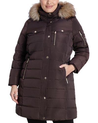 Michael Kors Plus Size Faux-fur-trim Hooded Puffer Coat, Created For Macy's - Brown