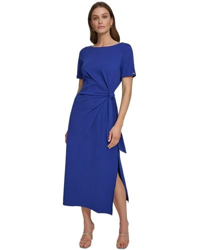 DKNY Side-tie Short-sleeve Midi Dress - Blue