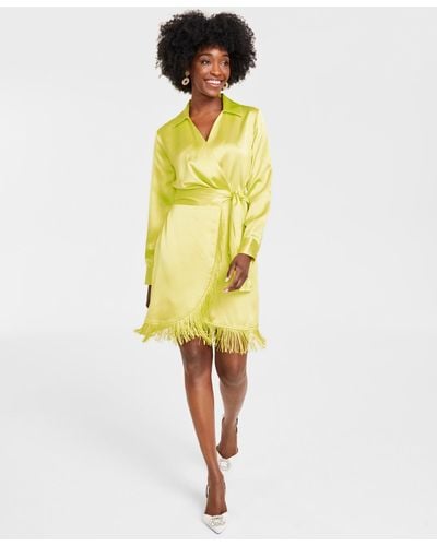 INC International Concepts Faux-wrap Fringe-trim Dress - Yellow