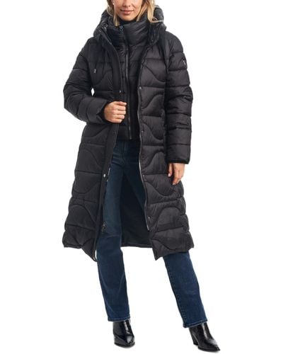 Vince Camuto Belted Quilted Hooded Puffer Coat - Blue