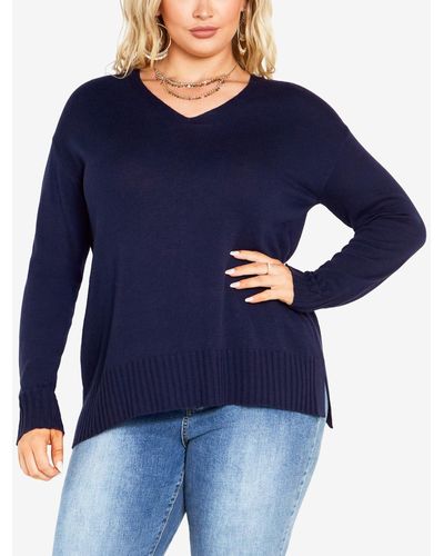 Avenue Plus Size Clare V-neck Long Sleeve Sweater - Blue