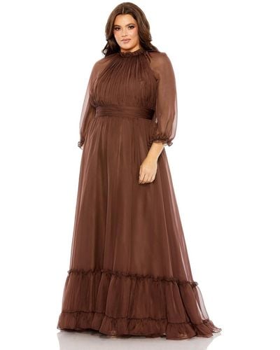 Mac Duggal Plus Size High Neck Puff Sleeve Tiered A Line Gown - Brown