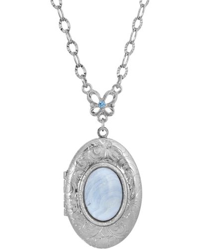 2028 Silver-tone Semi Precious Oval Stone Locket Necklace - Blue