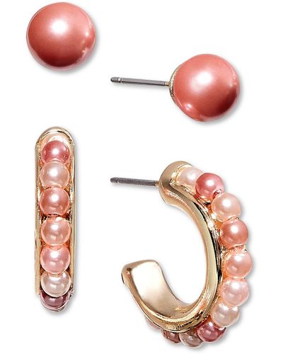 Charter Club Gold-tone 2-pc. Set Imitation Pearl Stud & Hoop Earrings - Pink
