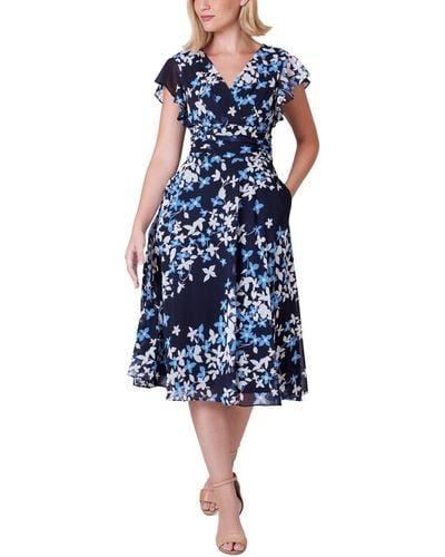 Jessica Howard Petite Floral Flutter-sleeve Midi Dress - Blue