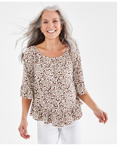 Style & Co. Printed On Off Lantern-sleeve Top - White