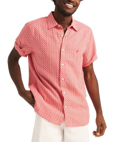 Nautica Geo Pattern Short Sleeve Linen-blend Shirt - Pink