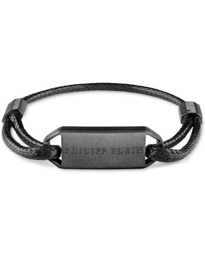 Philipp Plein Gunmetal Ip Tag Leather Bracelet - Black