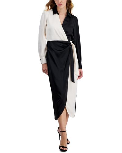 Anne Klein Long-sleeve Faux-wrap Midi Dress - Black