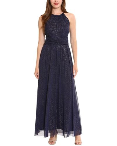 London Times Ruched Halter Maxi Dress - Blue