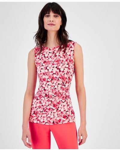 Anne Klein Petite Floral-print Pleated-waist Sleeveless Top - Red