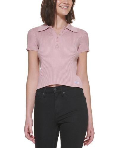 Calvin Klein Petite Short-sleeve Ribbed Polo Shirt - Pink