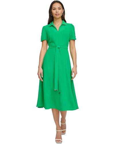 DKNY Tie-waist Point Collar A-line Dress - Green
