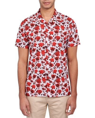 Society of Threads Slim-fit Non-iron Performance Stretch Floral-print Camp Shirt - Red